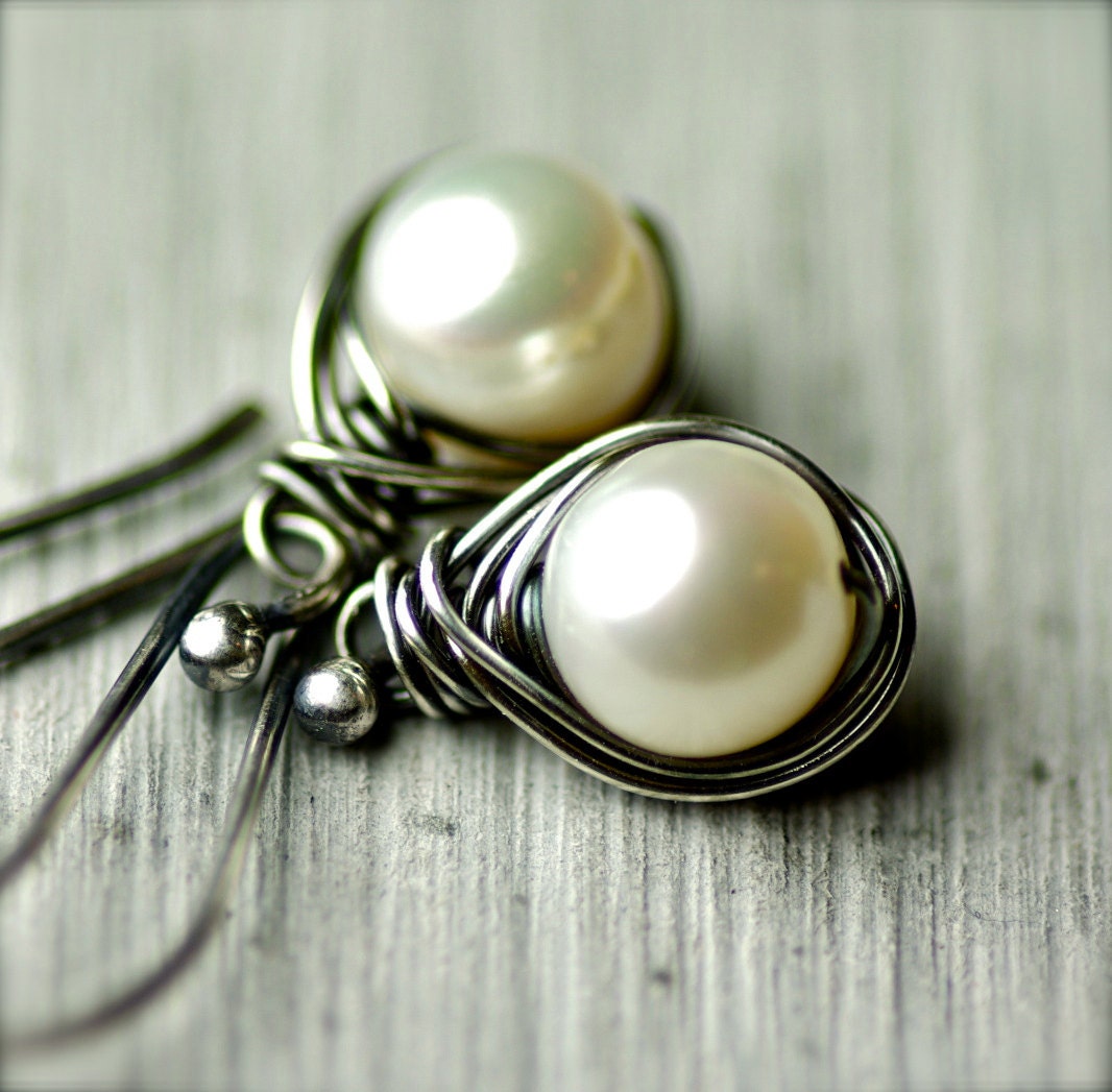White Freshwater Pearls Wire Wrapped Earrings on Oxidized Sterling Silver