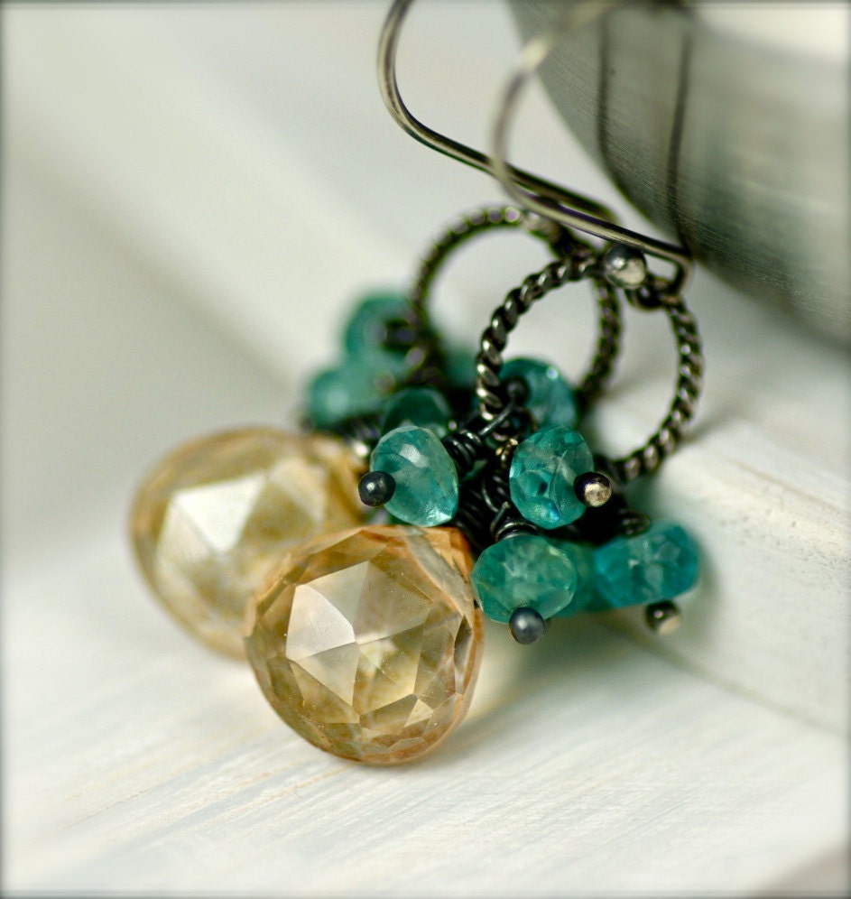 Apatite and Mystic Apricot Quartz Earrings on Oxidized Sterling Silver