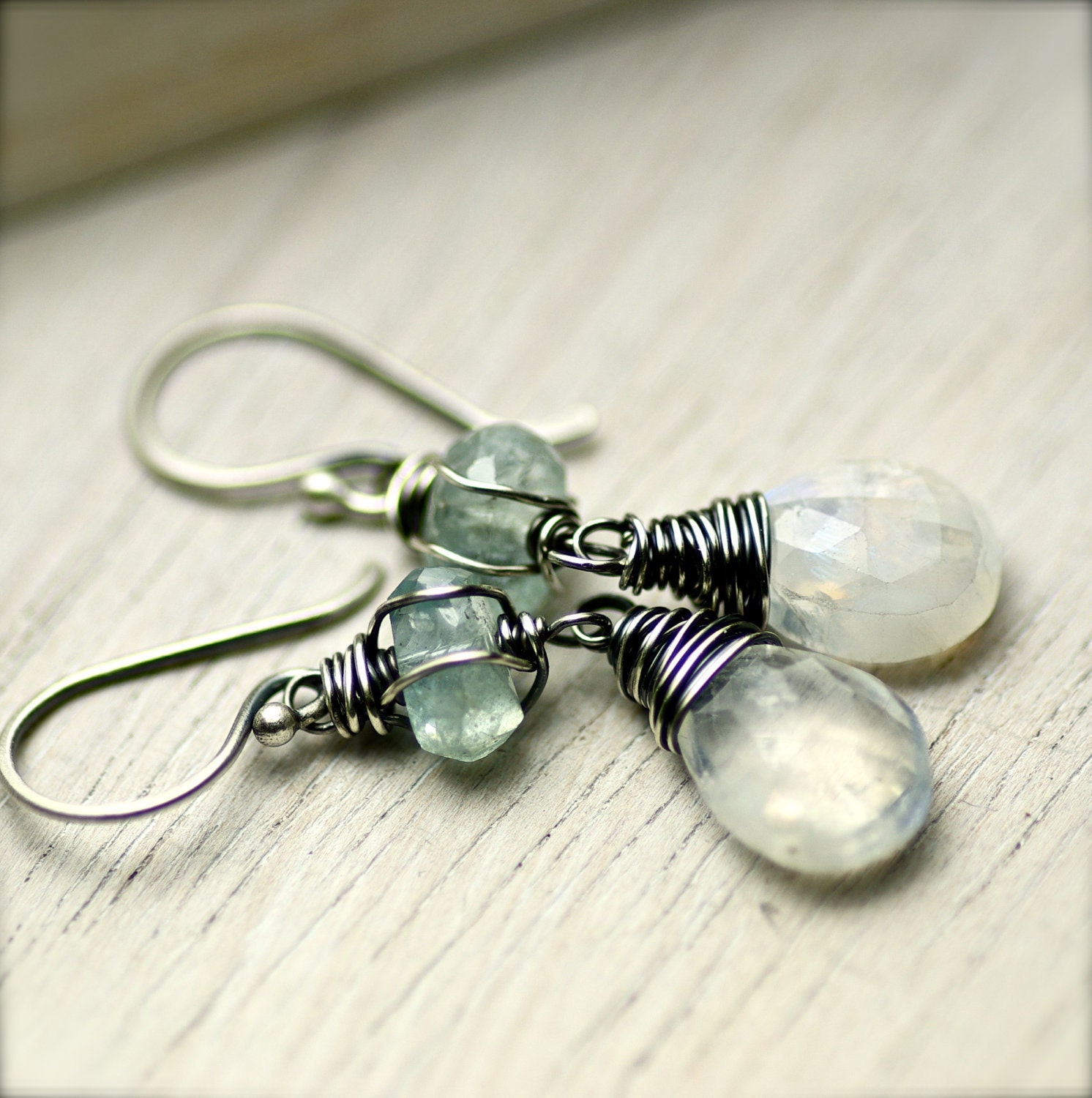 Handmade Wire Wrapped Rainbow Moonstone and Aquamarine Gemstone Earrings on Oxidized Sterling Silver