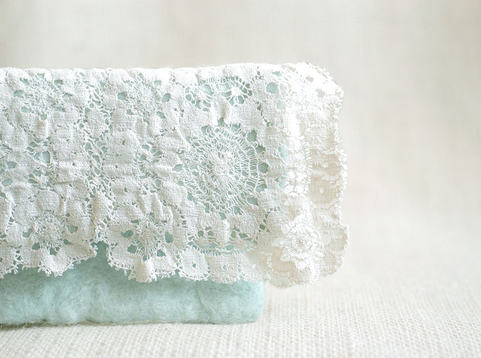 Clutch hand felted of mint green wool and off white vintage lace gift for mom - CityCrochet