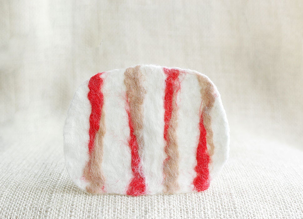 Tiger stripes wool felted coasters pink, red, beige, white- set of 6