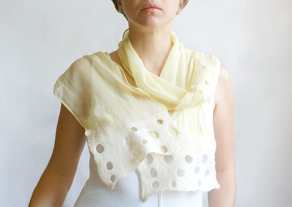 Lemon light scarf hand felted of wool silk in yellow lemon pastel - tbteam teamspirit