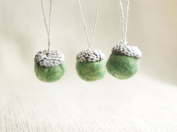 Green hand felted acorns with natural tops white - set of five home decoration