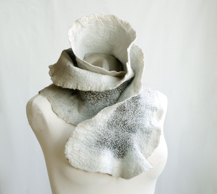 Felted wool silk ruffled scarf hand dyed for her in white gray feminine - teamcamelot fpconspiracy