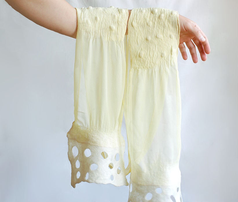 Lemon light scarf hand felted of wool silk in yellow lemon pastel - tbteam teamspirit