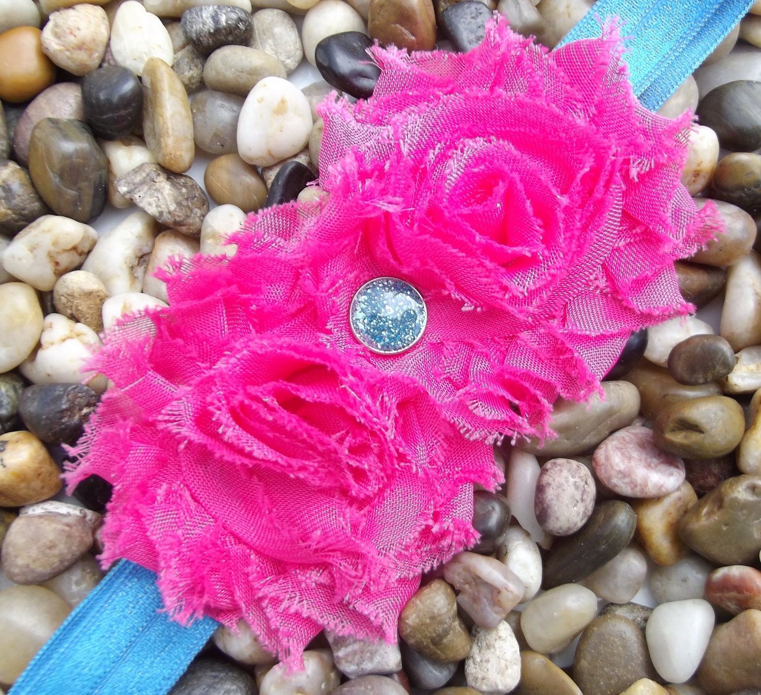 Shabby Chic Vintage Style Hot Pink and Blue Double Flower Headband - Baby Headband - Newborn - Infant - Toddler - Girl - Adult - Photo Prop