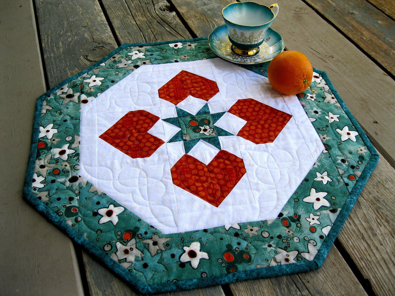 Hearts Around the Table 19 inch tangerine and turquoise centerpiece