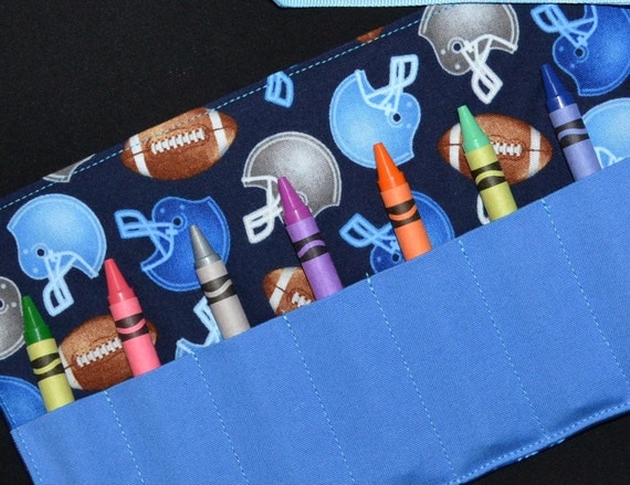 Blue Footballs and Helmets Crayon Roll by LilBambinaBoutique