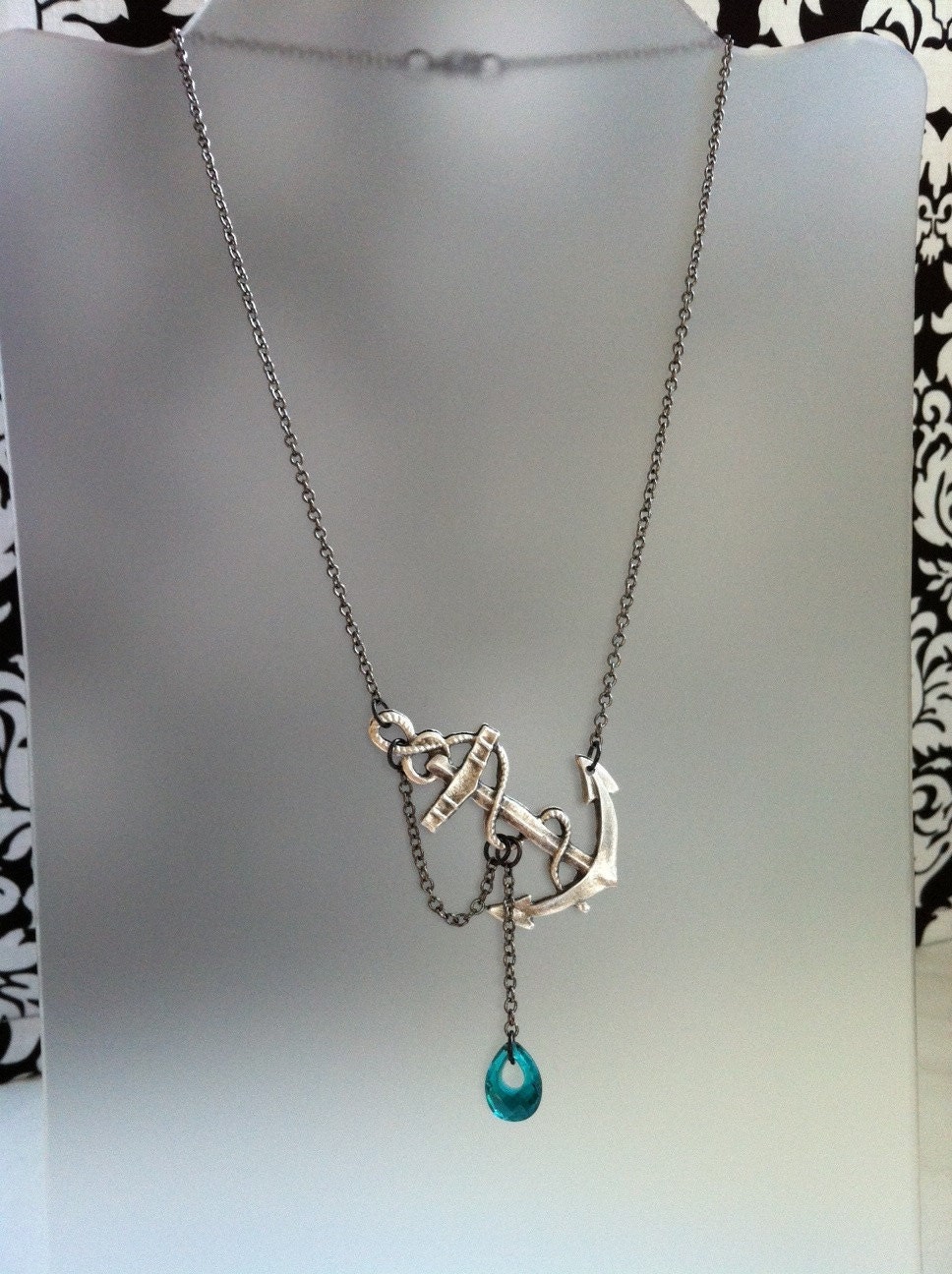 Reserved for Hannah Lost at Sea Necklace by SBC Teal Blue Quartz Hoop Briolette Silver Plated Anchor Gunmetal Chain Free Shipping Worldwide