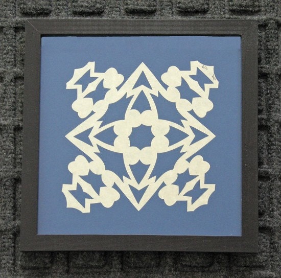 Father's Day -Mother's Day  - Scherenschnitte (hand paper cutting) quilt pattern spells "Mom" or "Dad" framed 7x7
