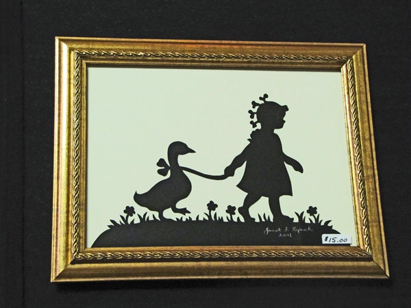 Girl With Goose  - Scherenschnitte - Hand Paper Cutting Art signed and dated By Janet Lynch -5x7 Framed