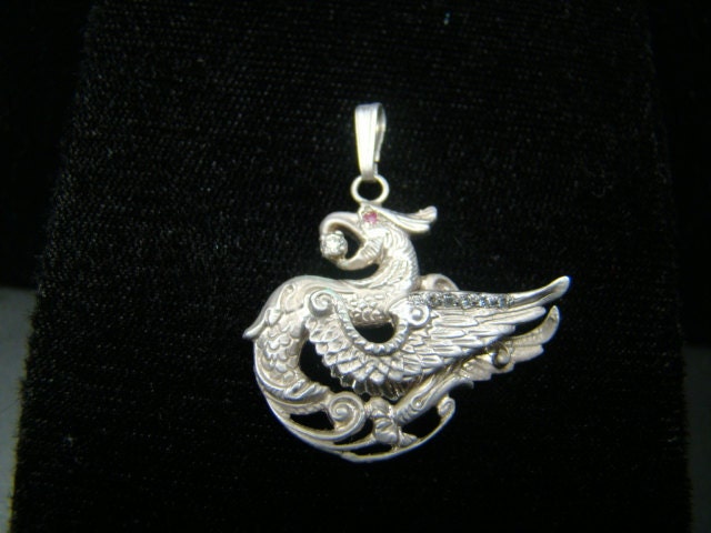 Sterling Silver Griffin Pendant  with diamonds and ruby amazingly detailed
