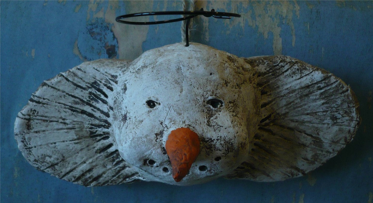 Primitive Snowman Angel Ornament Handsculpted from papier mache, OOAK, SNOWMAN ANGEL