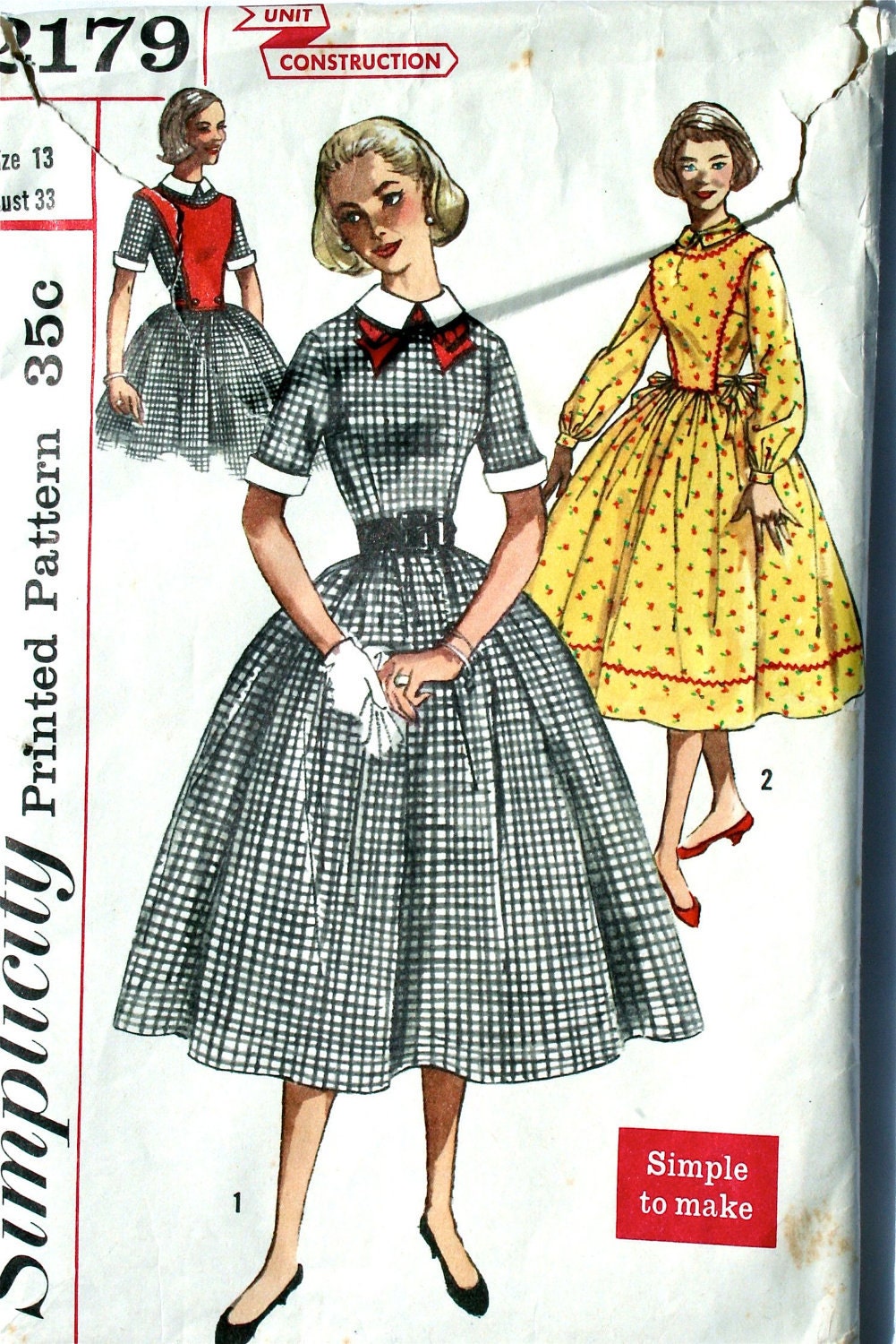 vintage 50's Simplicity 2179 dress, plastron and detachable collar, cuffs and bow, size 13 bust 33