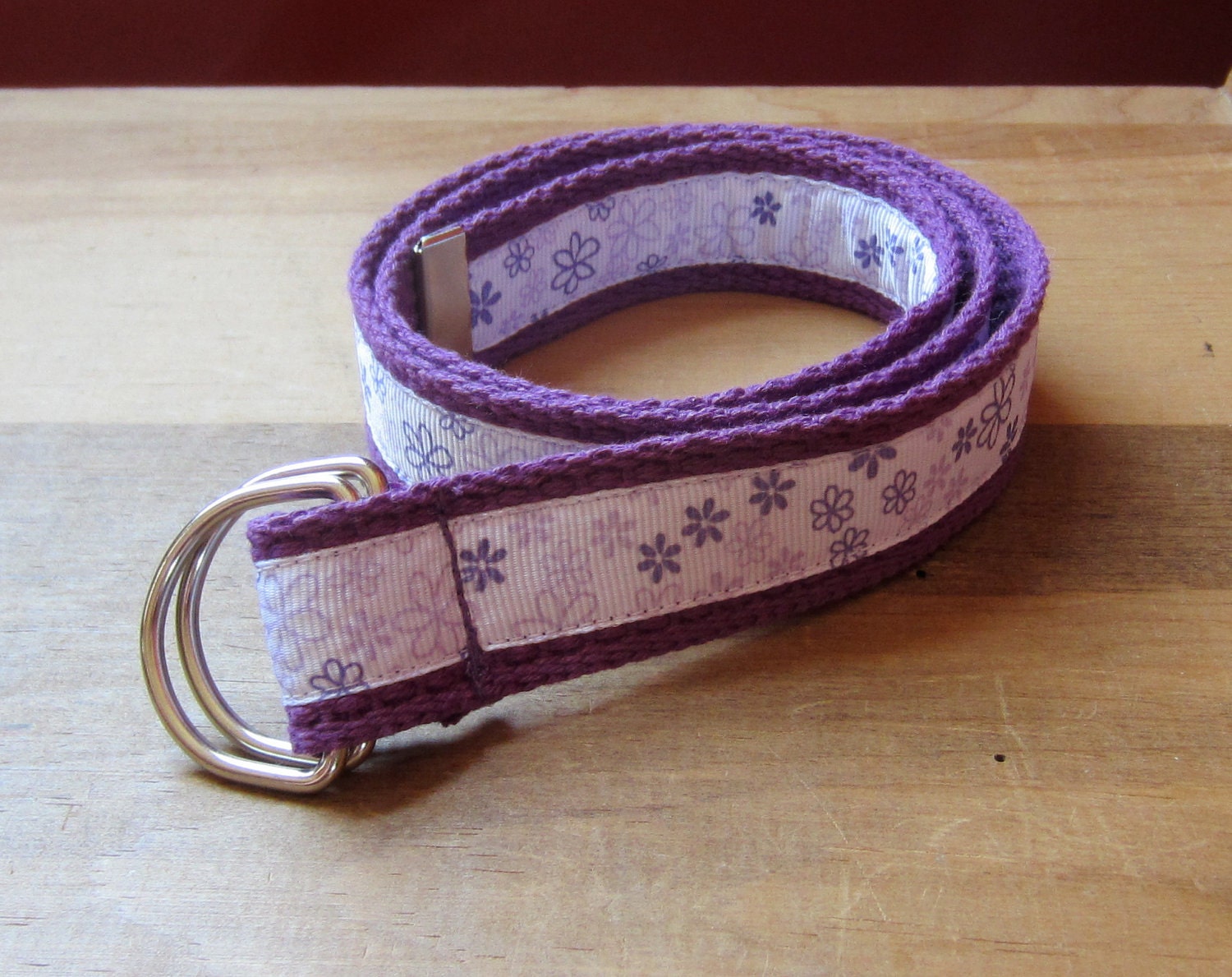 D-Ring Belt for Girls - Toddler Children Kids - Purple Floral Ribbon on Purple
