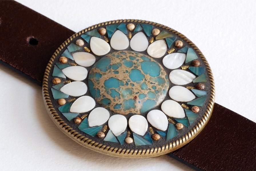 Aqua Sunflower - Mosaic belt buckle with leather strap