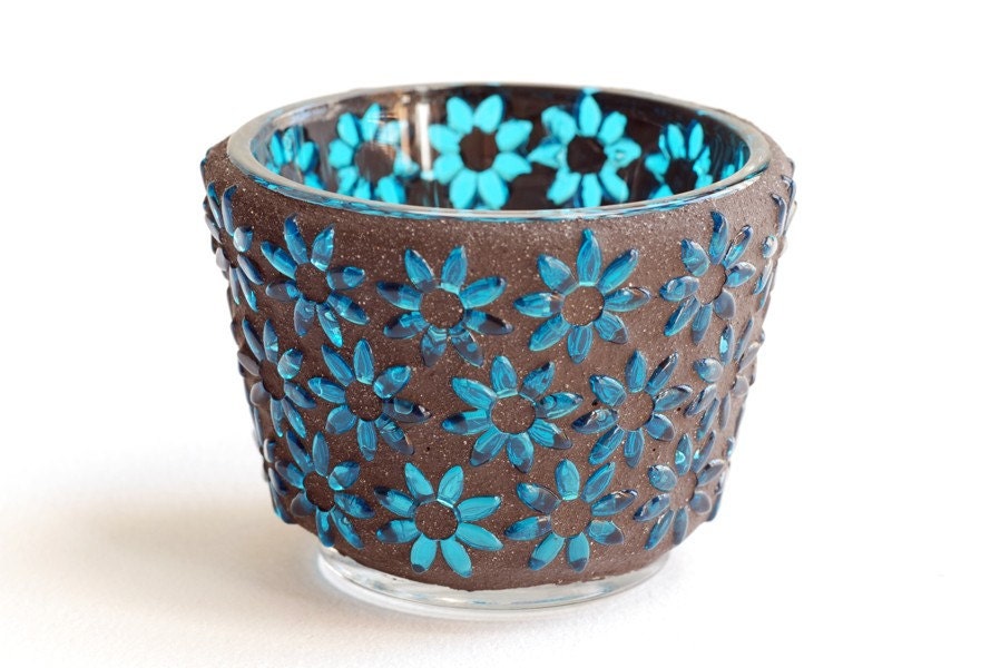 Turquoise Flowers - Mosaic candle holder