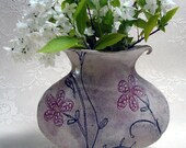 Small handmade ceramic pottery clay vase floral print