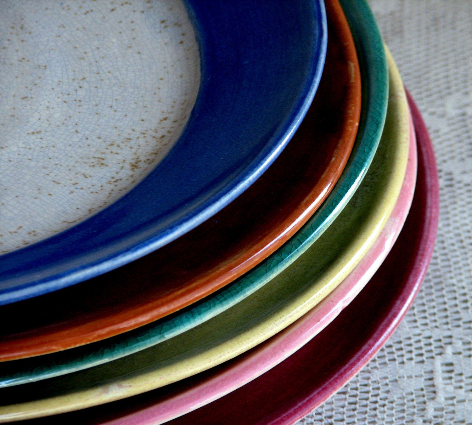 Handmade, wheel thrown, pottery, stoneware, clay, ceramic colorful dinner plates set of 6