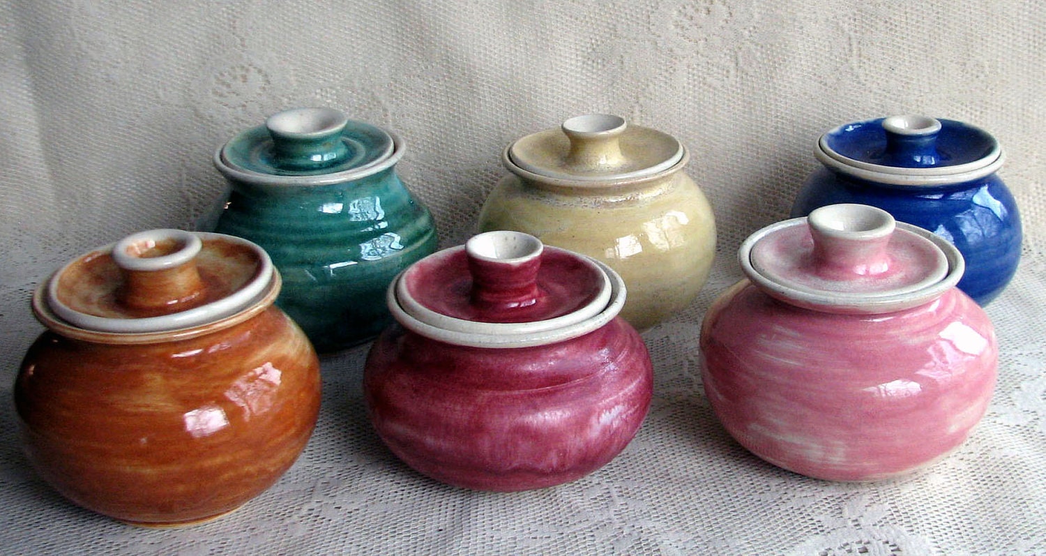 Sugar bowls, wheel thrown, six colors to choose from.