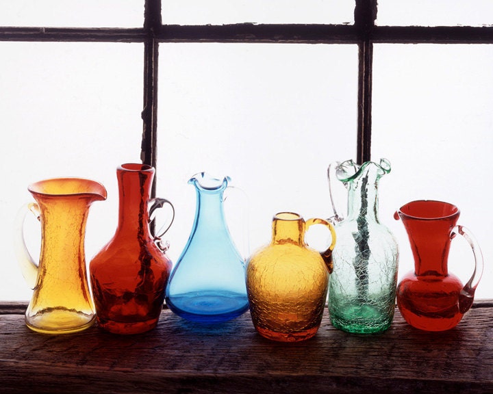 Windows At Gramma's - 8x10 Fine Art Photography Still Life - Window glass vase - Vintage Glass - Bright Colors - Red Orange Blue Green