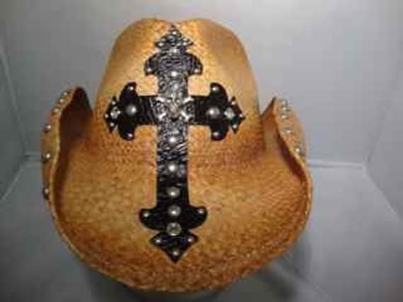 Handmade Bret Michaels Black Roman Cross Custom Cowboy Hat