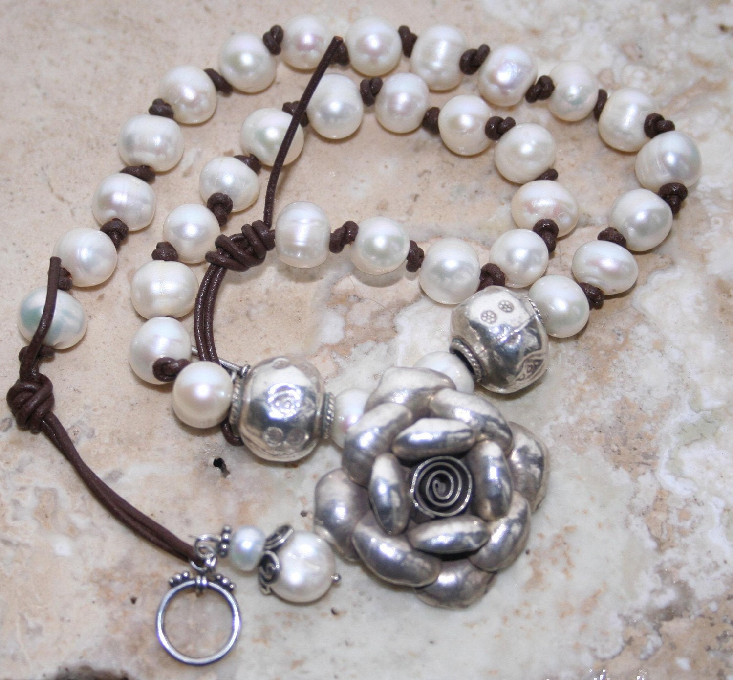 Freshwater Pearl Necklace / Leather Necklace / Elegant RomanticNecklace / Wedding Bridal Necklace / Thai Rose Necklace / Missie Rabdau