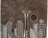 Moonrise Over Seattle Linocut Hand Pulled ORIGINAL Print SIGNED