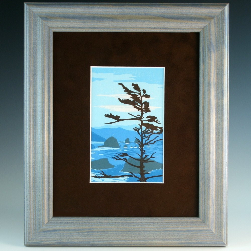 FRAMED Haystack Rock Linocut ORIGINAL Hand Pulled Print SIGNED