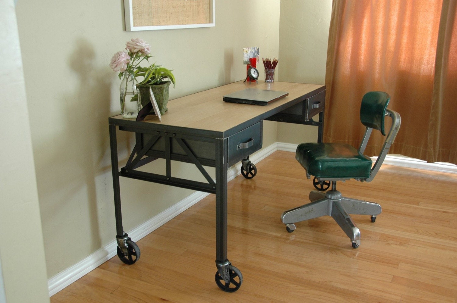 Royston French Industrial Desk on Casters / Vintage Work Table / Office Furniture