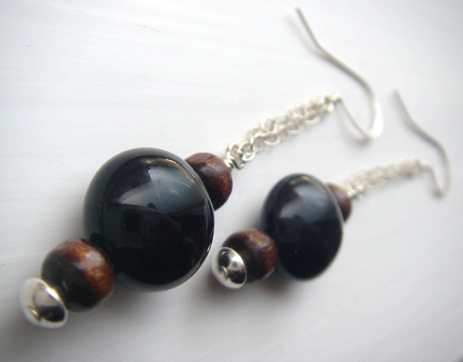 Onyx, wood, and silver chain earrings - black and brown circle dangle