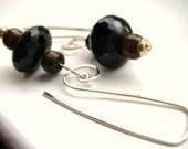 Fancy silver, black, and wood earrings - faceted oxyx - black and brown - sterling - spiral