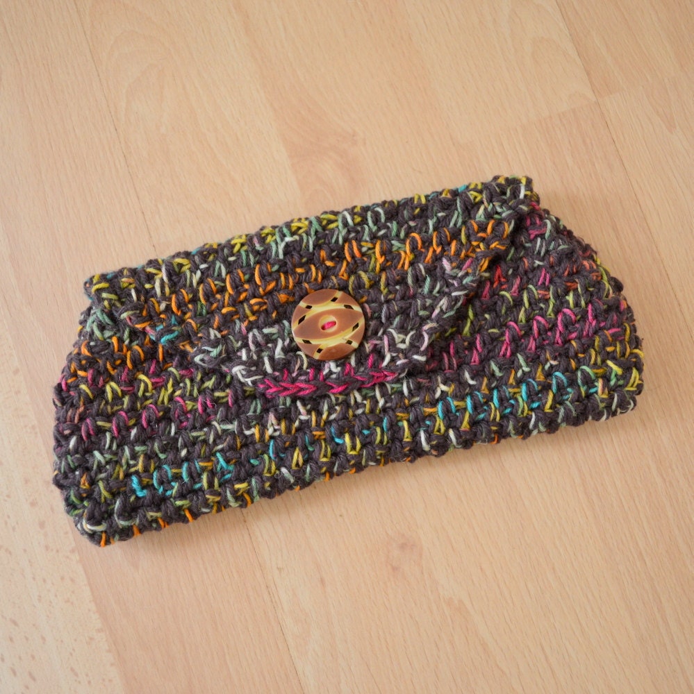 Envelope Clutch Crochet Cotton Colorful Rainbow Espresso Brown Wallet