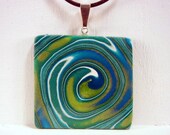 Pendant Square Blue and Green Swirl Polymer Clay - JerisJewelryBox