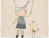 Animal Art Print - Bunny Rabbit and Bird - Art Print (21x29.7cm)