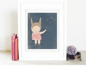 Black Friday Etsy - Childrens Illustration - Bunny Rabbit Girl Stripes - Blue and Coral - Illustration