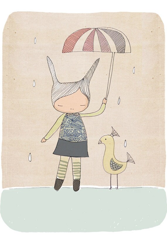 Kids Wall Art - Rabbit and Bird - Art Print (21x29.7cm)