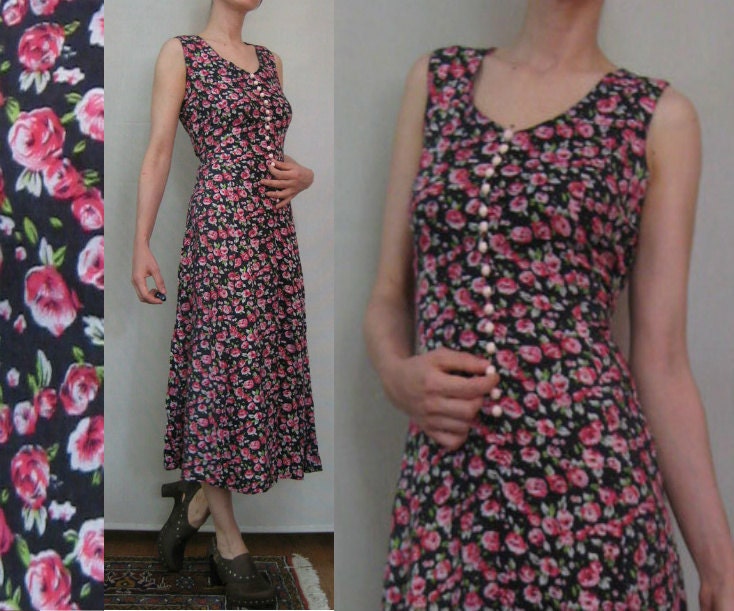Vintage 90s Romantic Blk Cherry & Gray Rayon ROSES MAXI Dress w/ Carved Roses Buttons xs Small s/m