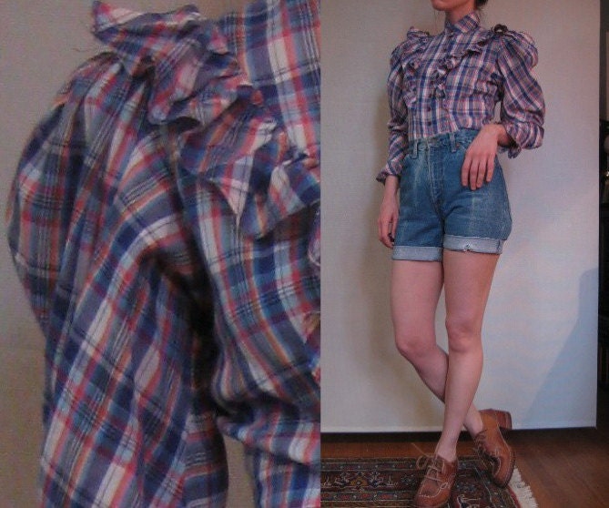 Vtg '80s Victorian Princess PUFF SLEEVE Leg of Mutton Shirt S Small S/M