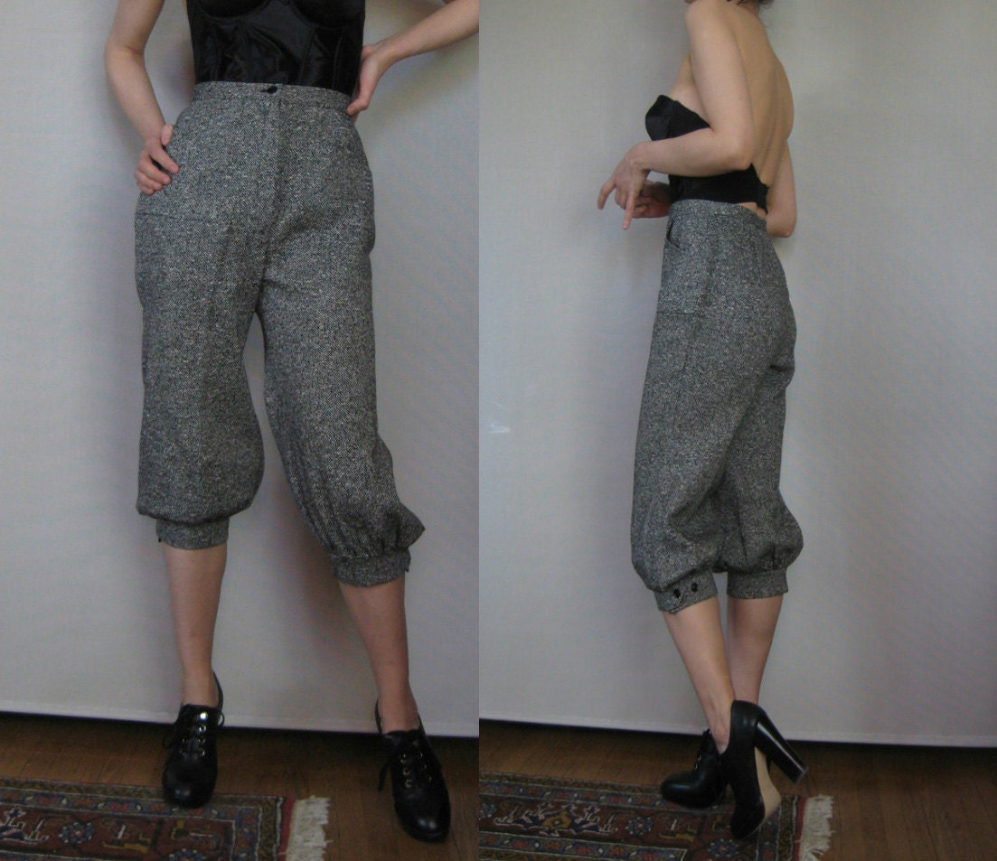 Vintage 60s 70s Black White FLECKED Wool TWEED High Waisted Knickers KNICKERBOCKERS w/ Adjustable Cuffs Small s/m