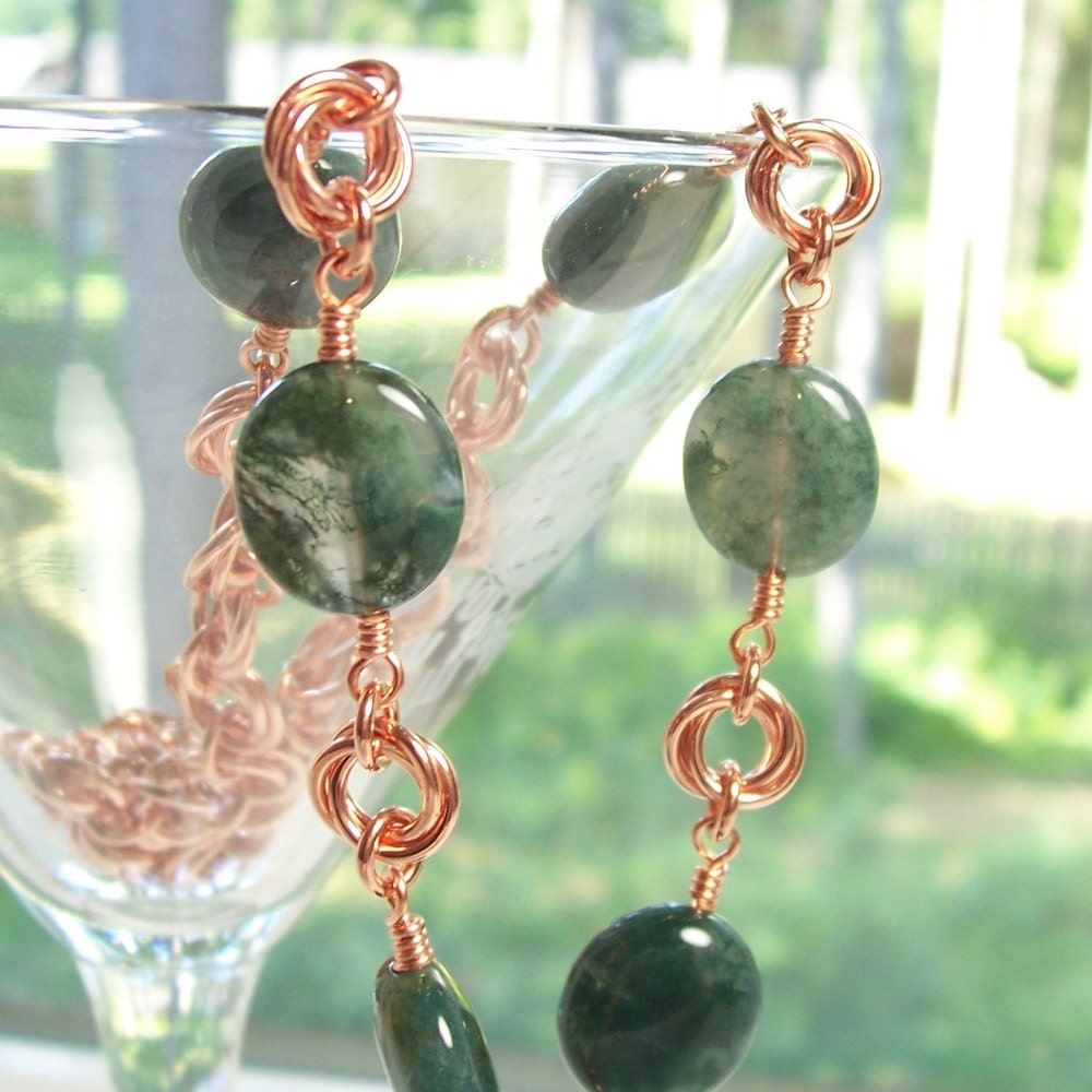Moss Agate and Copper Mobius Flower/Love Knot Necklace Chainmaille Jewelry Natural Gemstone