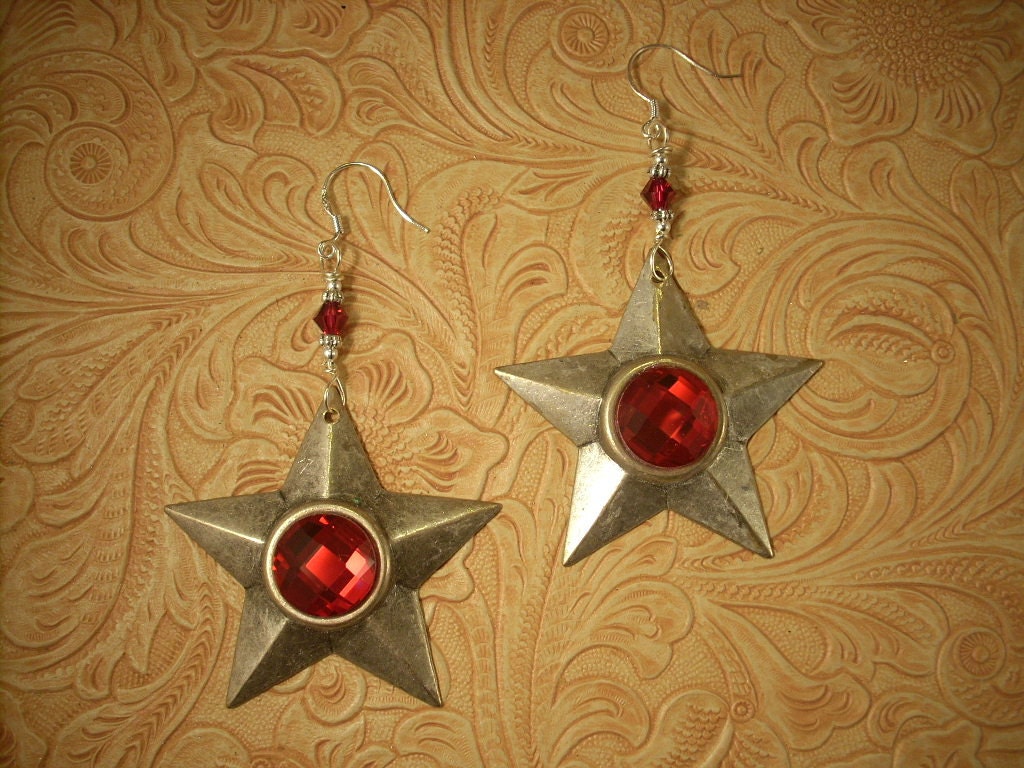 Cowgirl Earrings - Ruby Crystal Stars with Sterling Silver Earwires