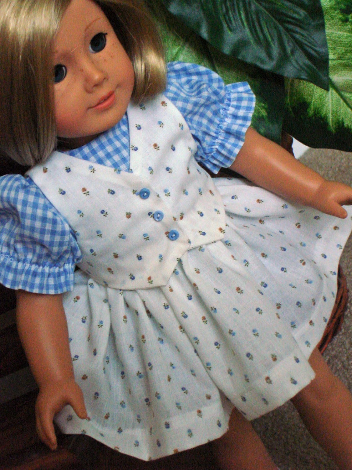 American Girl Short Sleeve Gingham and Rosebud Print Dress, Gingham Panties and Rosebud Vest