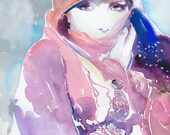 Original Watercolor Portrait Painting, Fashion Illustration. Titled - Greta Garbo