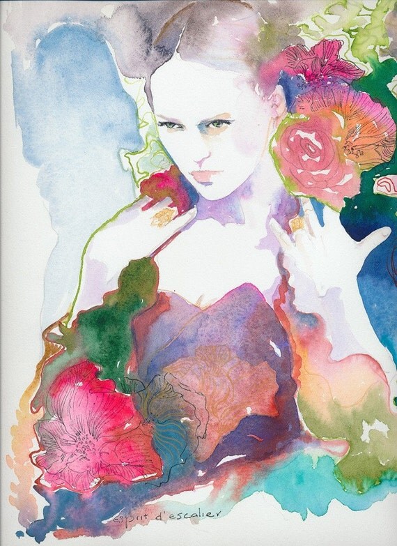 Print of  Watercolor  Painting, Fashion Illustration - Titled: Esprit d'escalier