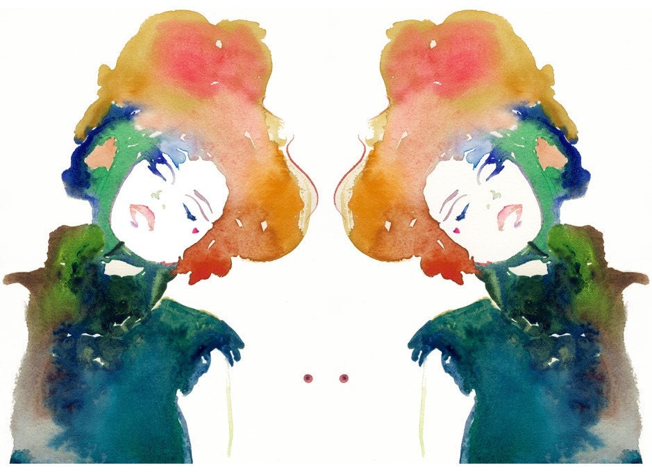 Print of Watercolor Fashion Illustration. Titled - Model ink 5 twins 13" x19"