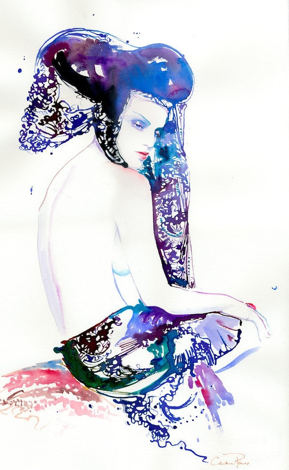 Art, Fashion illustration, Watercolour Fashion Illustration. Titled: Blue lace.