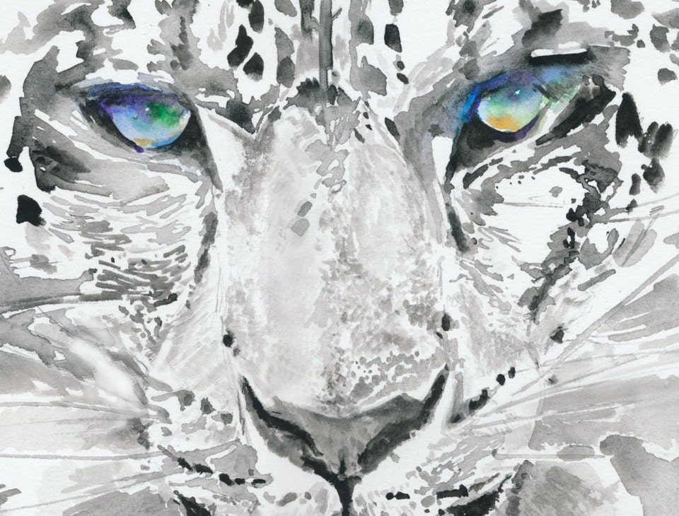 Original Watercolor Painting of leopard, Watercolour Illustration of white leopard, titled:leopard3