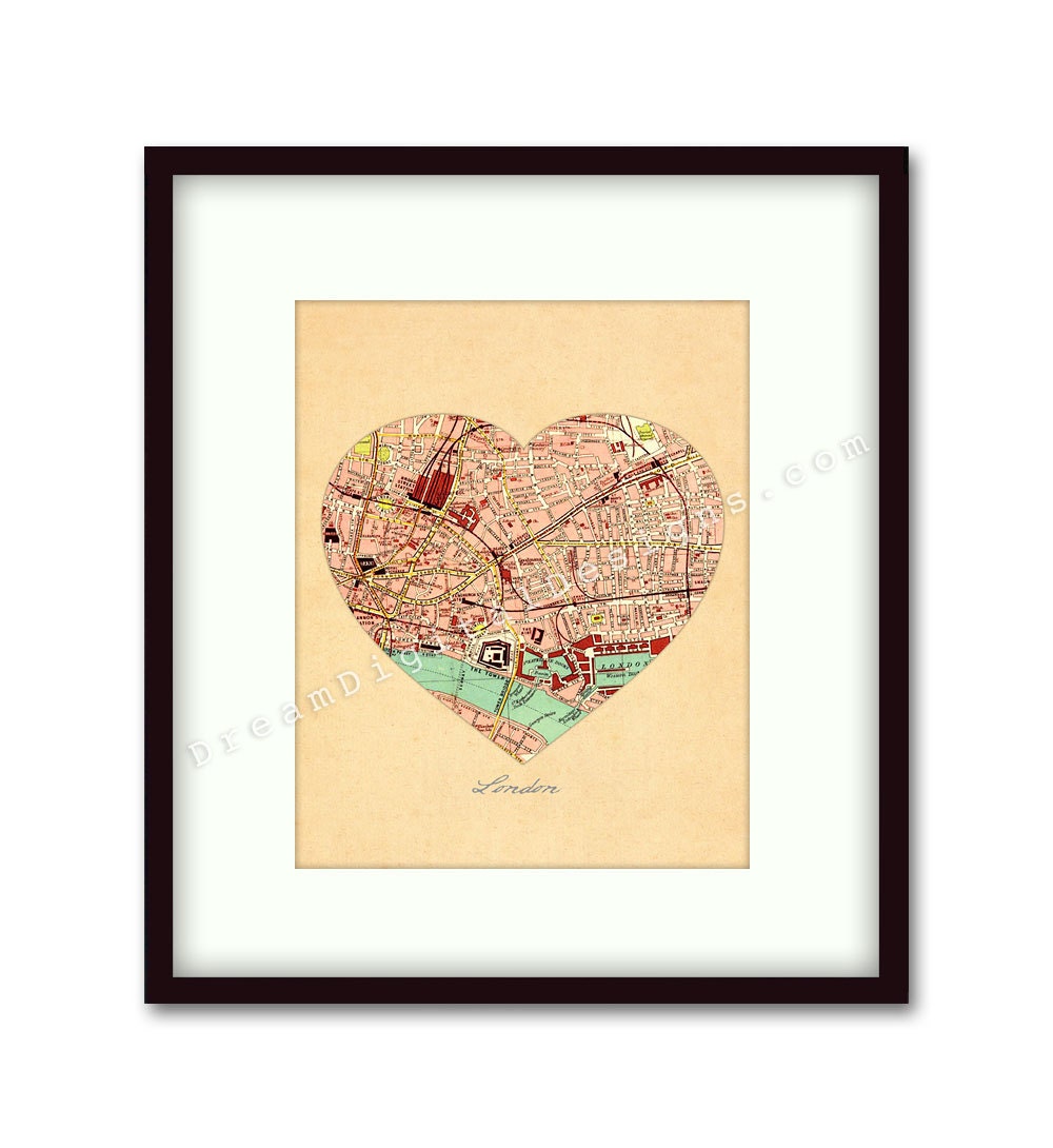 London Heart Map Wall Decor Art Print 8 x 10 Vintage City Map (No. P224)