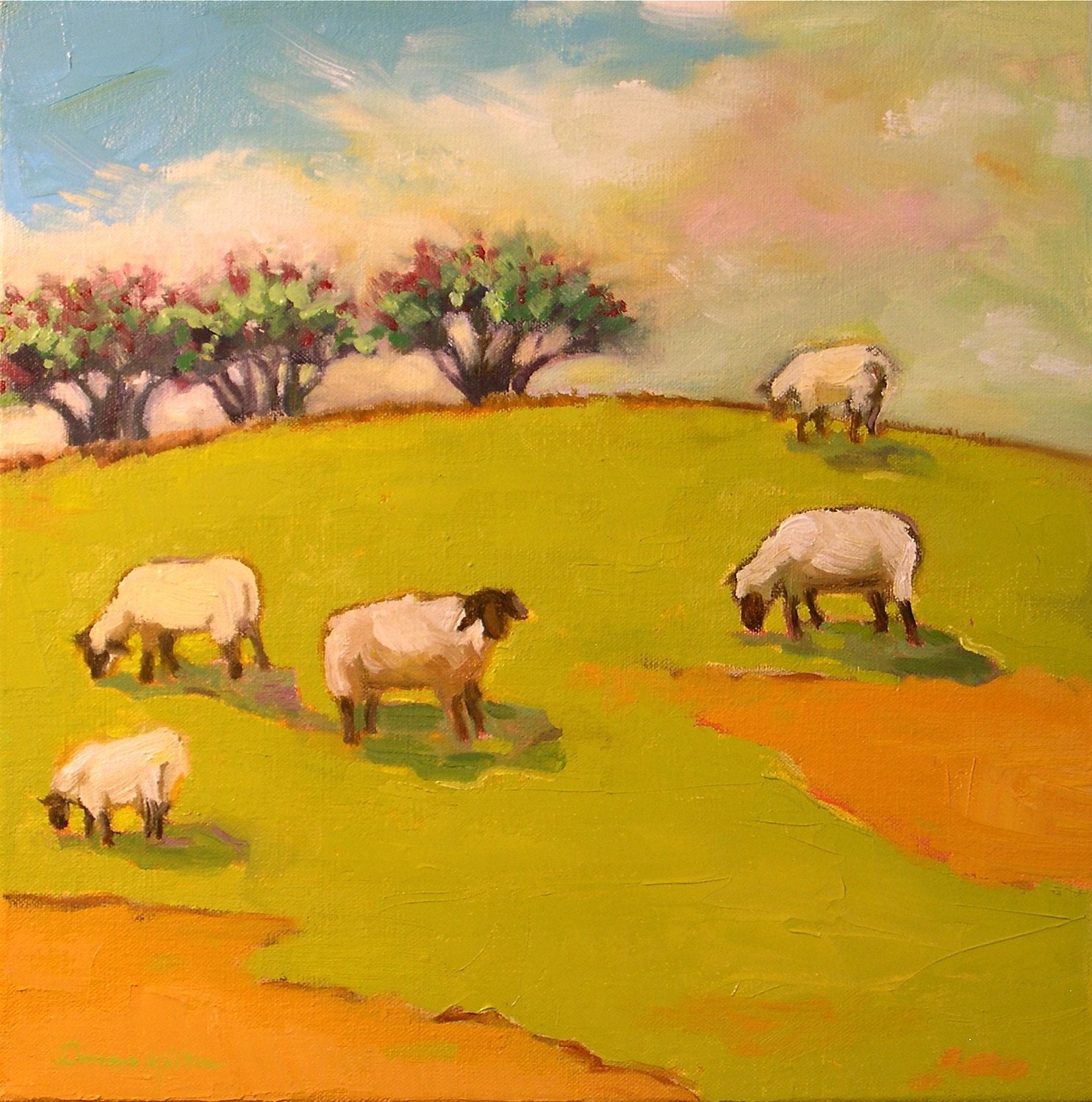 Common Hours II- Oil Painting- 14x14 Original Painting of Sheep- on Canvas